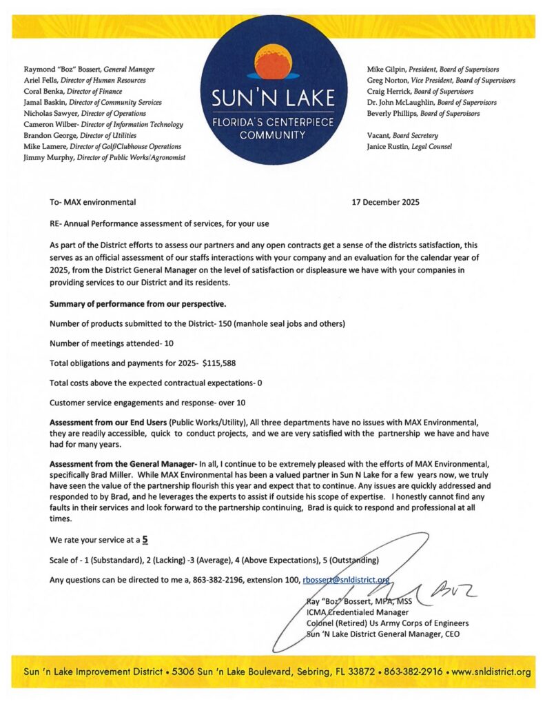 Sun 'N Lake Improvement District annual performance assessment recognizing Maxx Environmental for outstanding service